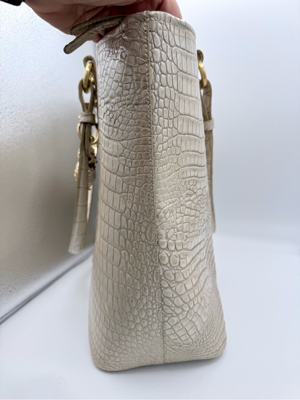 Brahmin Melbourne Croc Embossed Leather Tote Bag Linen Cream Gold - Picture 4 of 13